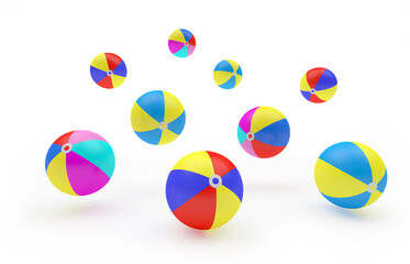 Heap of colorful beach balls isolated on white. 3d illustration 