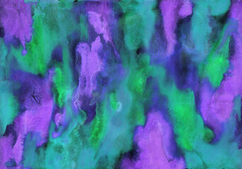 Blue, emerald, purple and lilac watercolor stains and stripes