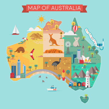 Map of Australia. Colorful landmarks.
