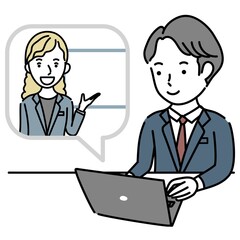 外国人女性講師からオンラインで説明を受ける男性のイラスト素材