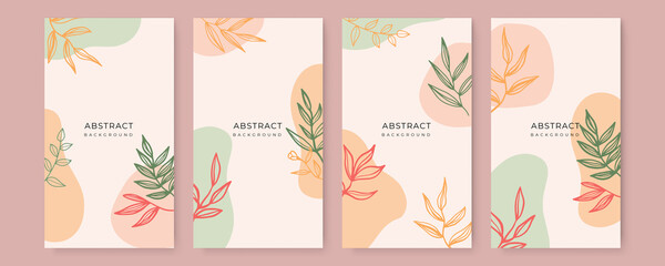 Abstract floral leaves art background vector. Gingko and botanical line art wallpaper. Luxury cover design with text, blog texture and brush style. floral art for wall decoration background prints.