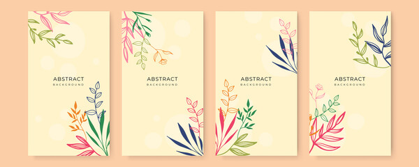 Vector design templates in simple modern style with copy space for text, flowers and leaves - wedding invitation backgrounds and frames, social media stories wallpapers