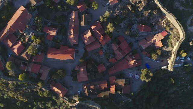 Drone aerial above top view of historic village of Sortelha with castle, in Portugal