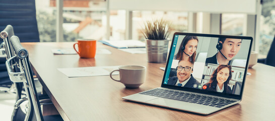 Video call business people meeting on virtual workplace or remote office. Telework conference call...