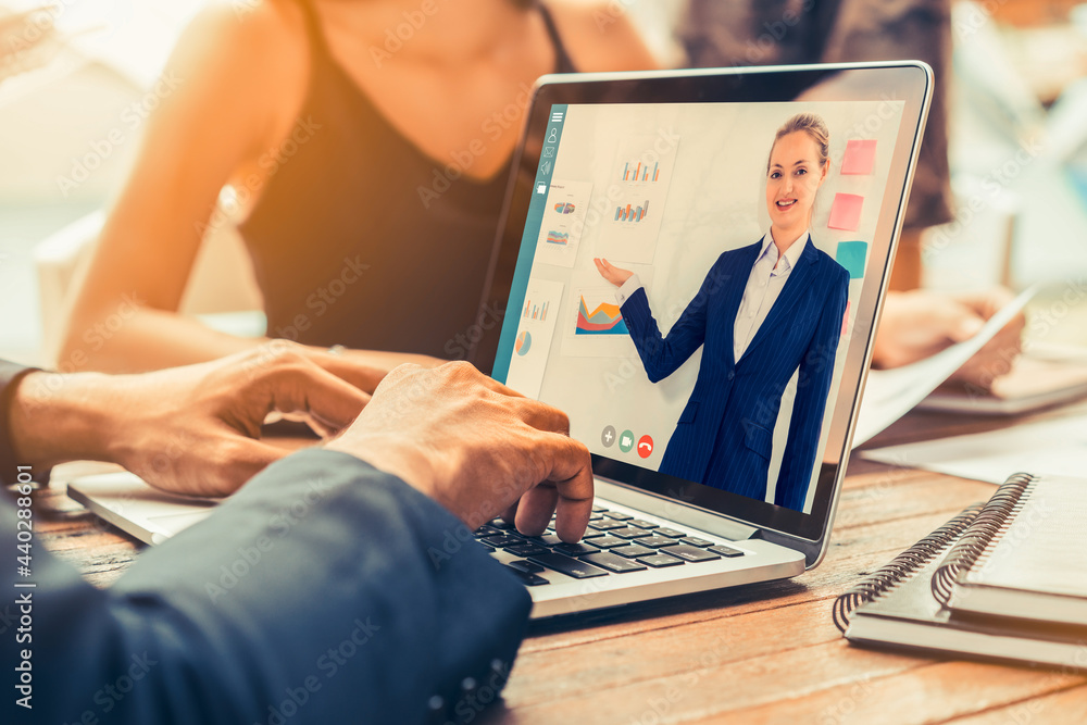 Poster e-learning and online business presentation meeting concept. digital training course for people to d