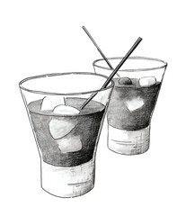 Dos vermuts rojos en vaso de cristal, con hielo y olivas. Hora del vermut. Bebida aperitivo.. Dibujo a mano en blanco y negro, grafito y tinta. - obrazy, fototapety, plakaty