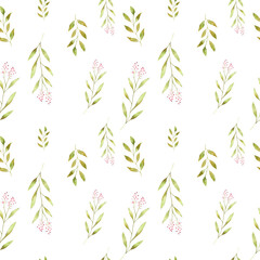 Watercolor seamless pattern from flora elements in green color. Seamless design with greenery for background, fabric, paper.