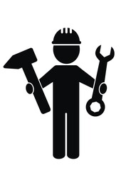 Person with tool, wrench and hammer, black silhouette, vector icon
