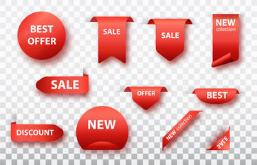 labels set isolated. Red ribbons, tags and stickers. Vector illustration