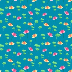 seamless pattern of flowers lotus and leaves on blue background