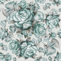 Seamless pattern with green roses and gray leaves on background.
