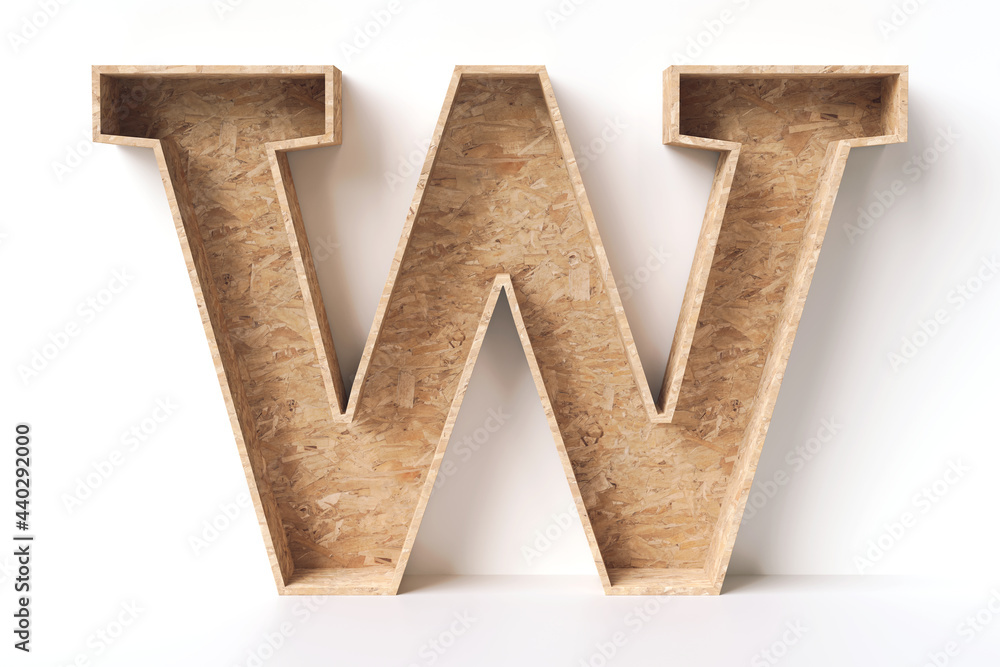 Poster wood letter w in the shape of an open box. interior design and diy and recycling concepts. high defi