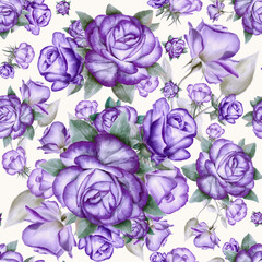 Seamless pattern with purple roses and gray leaves on white.