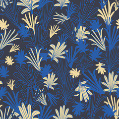 Vector blue yellow leaves tropic seamless pattern