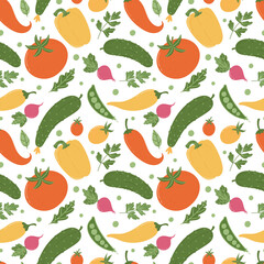 Seamless vector pattern of assorted summer vegetables in flat cartoon style.