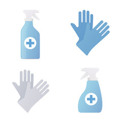 Disinfectant sanitizer and gloves. Flat colored vector illustration. Isolated on white background.