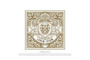 Golden Elegant Luxury Shield Lion King Crown with Hop for Craft Beer Brewing Brewery Badge Emblem Label Logo Design