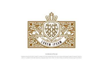 Elegant Luxury Shield Lion King Crown with Hop for Craft Beer Brewing Brewery Badge Emblem Label Logo Design