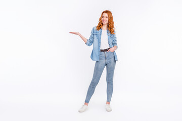 Full body photo of attractive happy nice young lady hold hands empty space sale look isolated on...