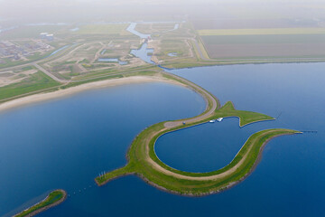 Aerial view from the drone of manmade Tulip island Tulpeiland Zeewolde, Netherlands.