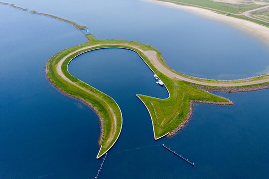 Aerial view from the drone of manmade Tulip island Tulpeiland Zeewolde, Netherlands.