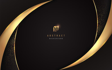Abstract curve geometric shape overlapping on black background with copy space. Shiny glitter and golden lines glowing dots golden combinations. Luxury and elegant frame design. Vector illustration