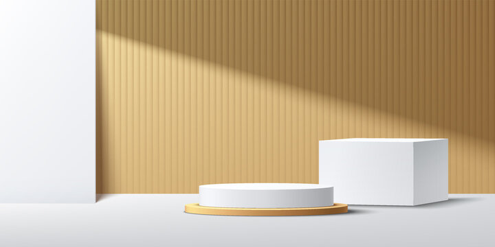 Modern White And Gold Geometric Pedestal Podium With Shadow. Abstract Golden Color Minimal Wall Scene. Vertical Stripes Texture Backdrop. Vector Rendering 3d Shape, Product Display Presentation.