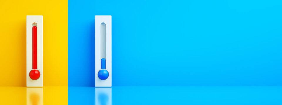 hot and cold thermometers, 3d rendering, control air conditioner concept, panoramic layout