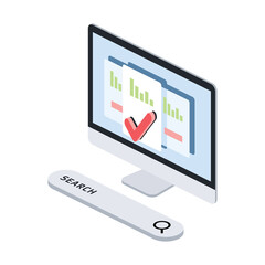 Computer internet search, checkmark selection. Vector 3d symbol, isometric, color web icons, new flat style. Creative design idea, concept for infographics.