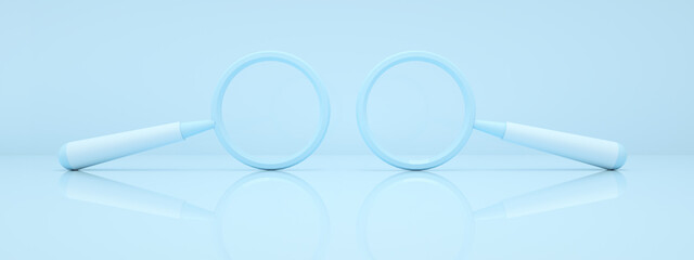 two magnifiers glass over blue background, search symbols, 3d rendering, panoramic image