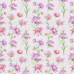 Watercolor pink flowers stylization Illustration, Seamless Pattern on pink background
