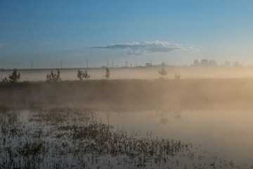 thick fog rises over fields in the rays of the rising sun on a warm summer morning