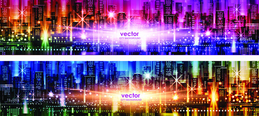 Vector illustration of a panorama of a large night city illuminated by neon lights. Modern buildings and skyscrapers. Abstract futuristic city vector banner, cityscape background header. - 440295246