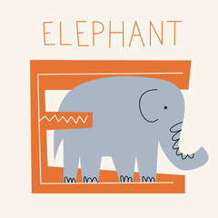 Vector flat illustration for children's alphabet. The letter E and the elephant on the background.