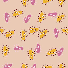 Random yellow and lilac heart elements seamless pattern in cute style. Pastel background. Romantic style.