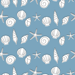 手描きの貝殻　シームレスパターン　ホワイト