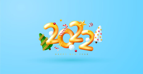 Obraz premium 2022 Happy New Year. 3d render gold metallic sign and decorative christmas decoration. Festive New Year greeting card 2022. Christmas Poster, banner, cover card, brochure, flyer, layout design.