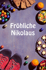 Text Frohliche Nikolaus means Happy St Nicolas Day. Traditional holiday in Germany and Western...