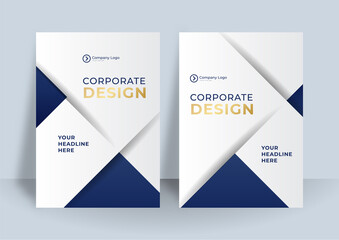 Blue white gold brochure design, cover modern layout, annual report, poster, flyer in A4. Print Brochure template layout, flyer cover design with geometric background.
