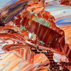 Embossed pasty oil paints and reliefs. Primary colors: pink, white,  red, blue.  Abstract art.