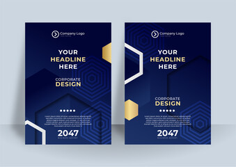 The vector layout of A4 format modern cover mockups design templates for brochure, magazine, flyer, booklet, annual report. Creative trendy style mockups, blue gold color trendy design backgrounds.
