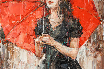 Girl with a red umbrella. Oil painting on canvas. - obrazy, fototapety, plakaty
