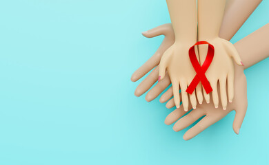 cartoon woman and man hands holding red ribbon with isolated on blue background with copy space. world AIDS day with hiv awareness concept ,3d render - obrazy, fototapety, plakaty