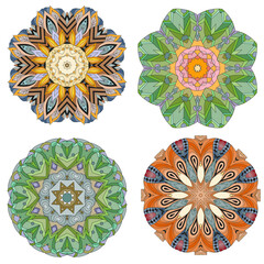 Hand drawn zentangle set of 4 color mandalas for decoration