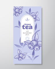 Fruit and Berries Tea Label Template. Abstract Vector Packaging Design Layout with Realistic Shadows. Hand Drawn Blueberry and Leaves Decor Silhouettes Background. Isolated