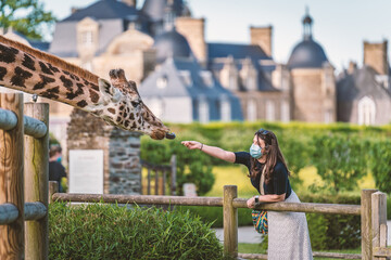 A young girl feeding a giraffe next to a castle