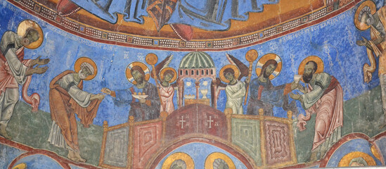 Frescoes on the walls of Akhtala church in Armenia - obrazy, fototapety, plakaty