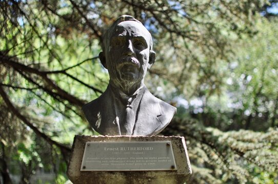 The bronze bust of Ernest Rutherford at METU greenery park. A New Zealand born British physicist, known as the father of nuclear atomic physics, chemistry of radioactive substances. 