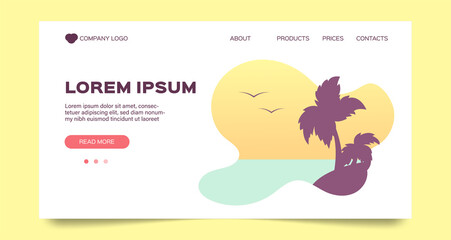 Landing page template for website with silhouette of palm tree, birds and sea. Design on the theme of travel and summer vacations. Minimalistic style © Екатерина Великая