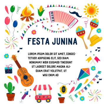 Festa Janina set of vector elements and editable text isolated on the background. Bonfire, maracas, accordion, guitar, garland, flags, characters, corn, balls, fireworks, firecracker.